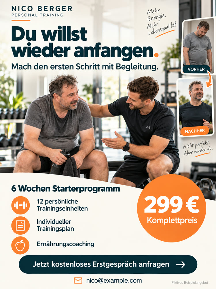 Flyer für Personal Training mit klarem Angebot, Preis und Vorher-Nachher