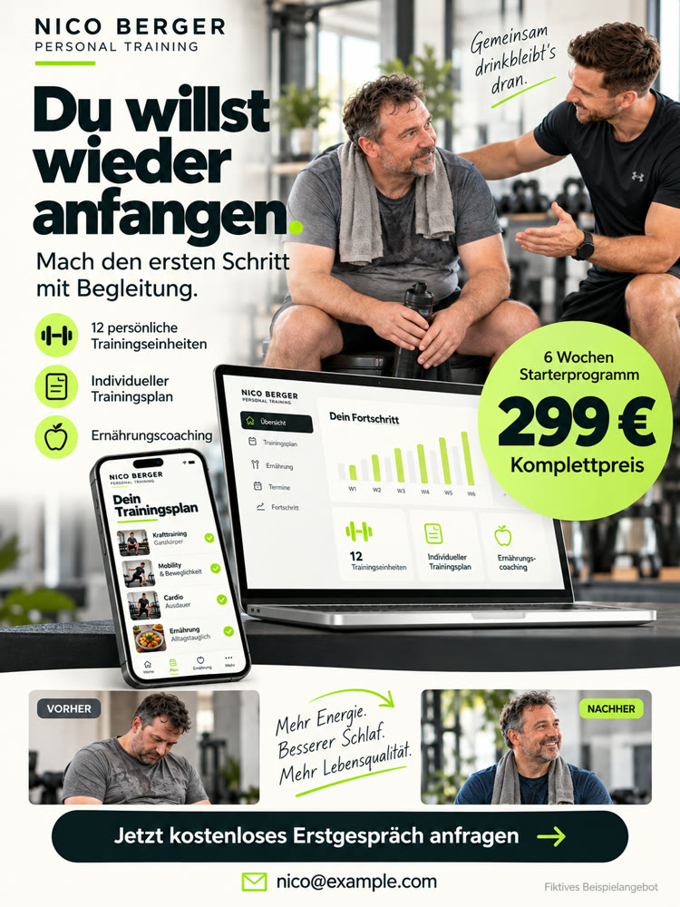 Zweite Fassung des Personal-Training-Flyers mit Trainingsplan auf Handy und Laptop