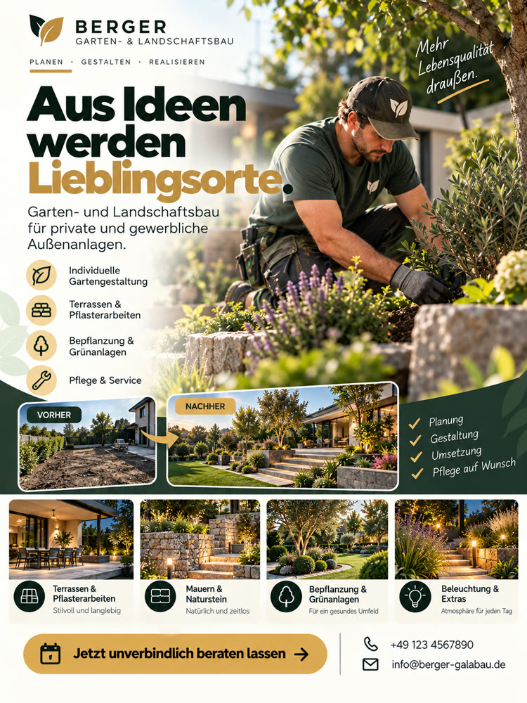 Flyer für Garten- und Landschaftsbau mit Leistungen und Vorher-Nachher