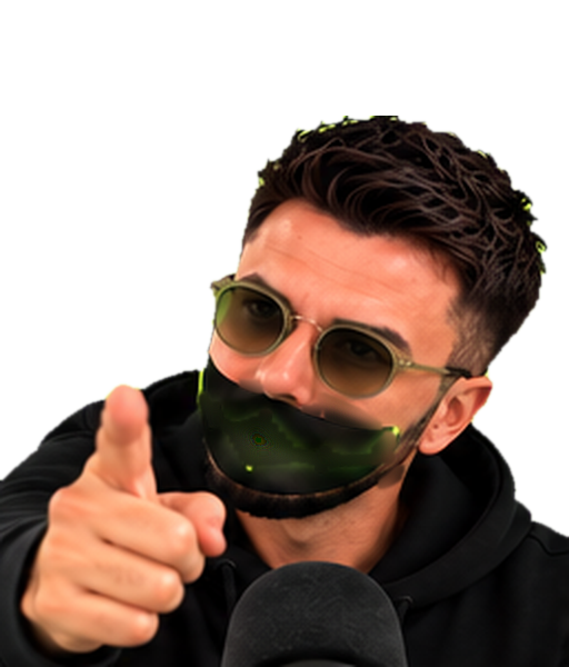 Mario Albrecht mit Voice-Maske zeigt in die Kamera